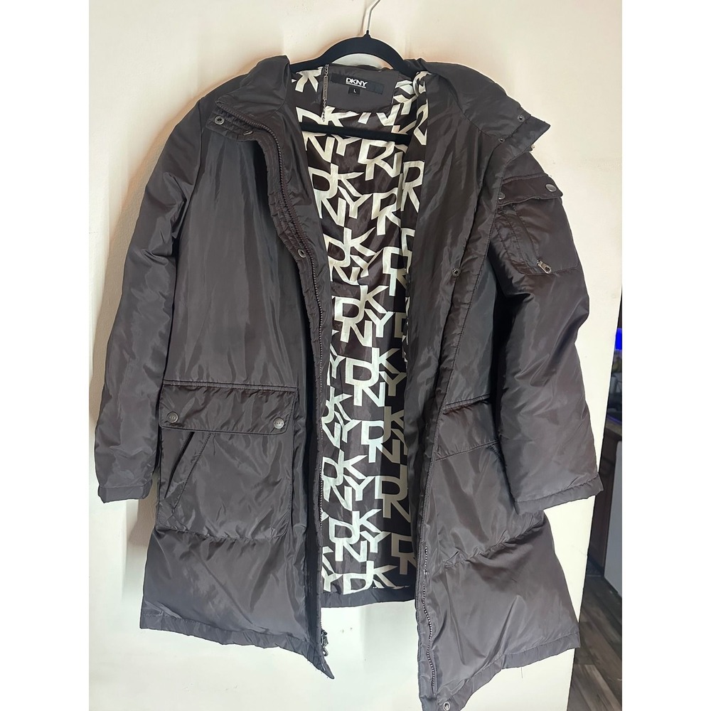 DKNY Vintage Womens Black Faux Fur Hooded Puffer Coat Jacket Size L Y2K Winter - Picture 3 of 6